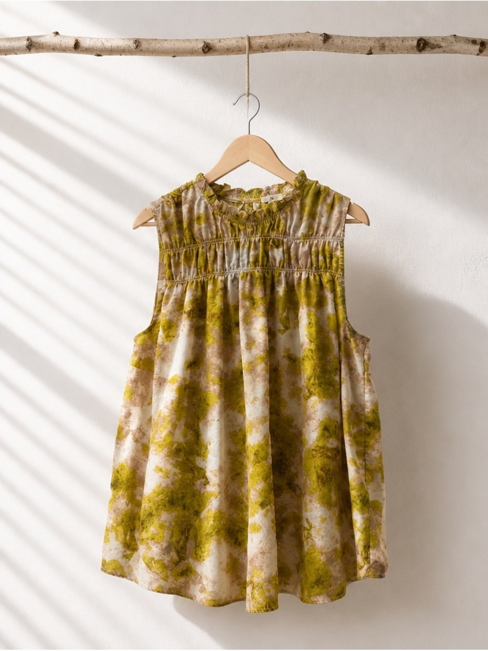 Joie Sleeveless Floral Print Smocked Yoke Top in Olive Green & Cream
